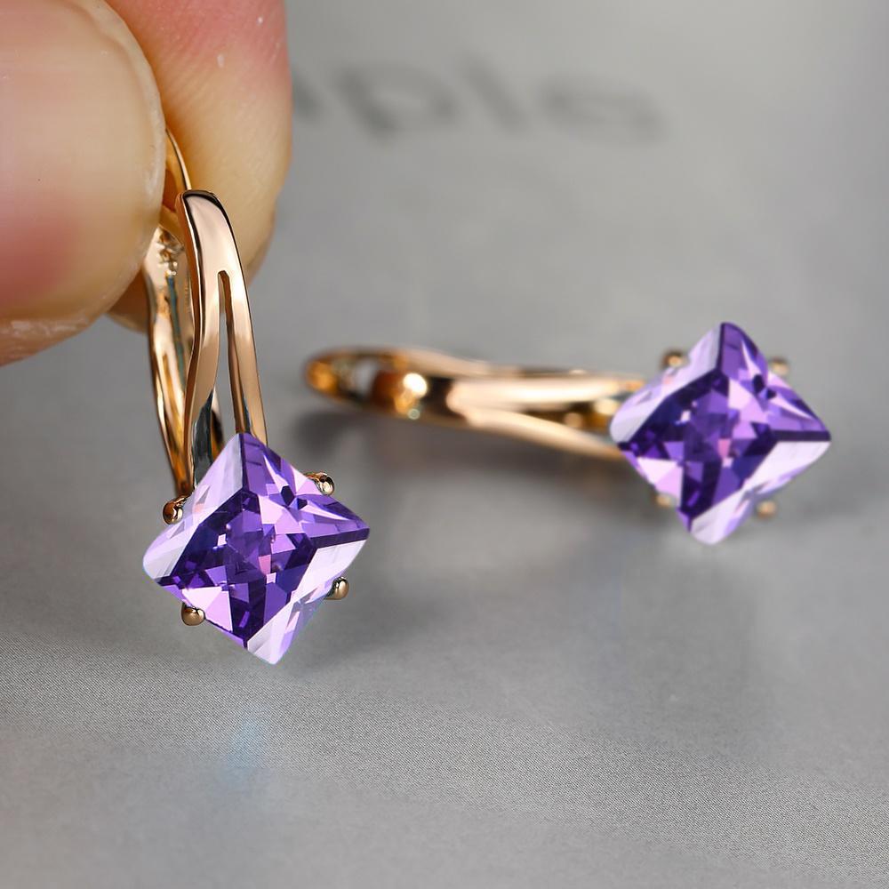 Exquisite Ohrringe, Modeschmuck, Goldfarbe, Diamantschliff, Aquablauer Stein, Geburtsstein, Braut, Prinzessin, Verlobungsohrringe violett
