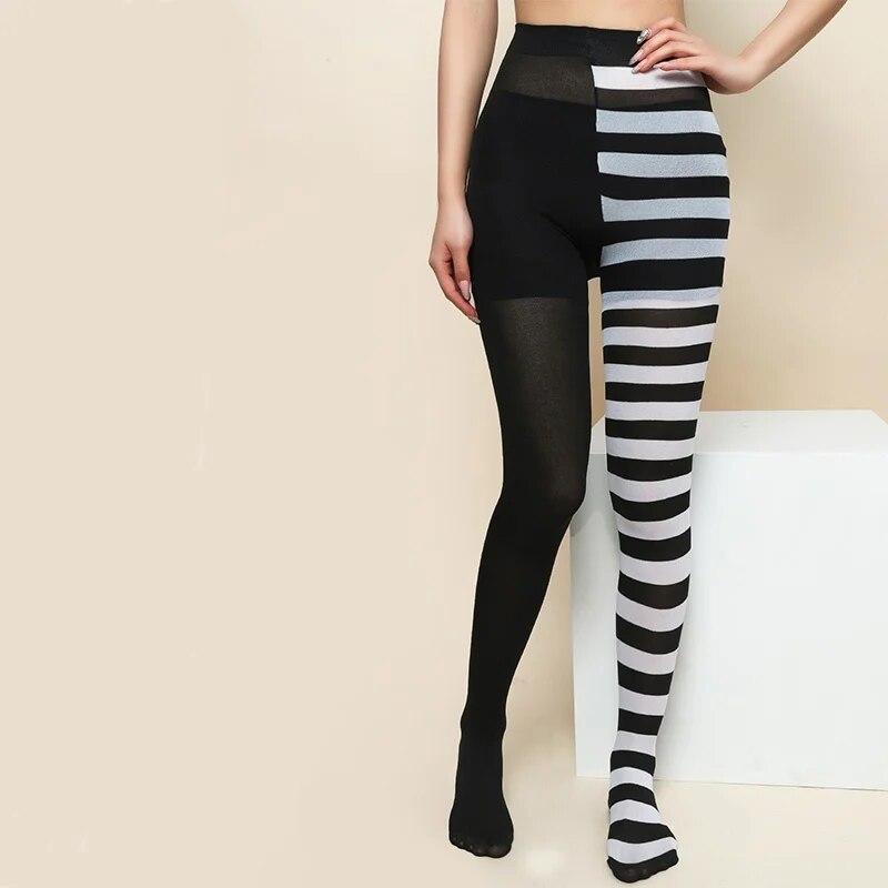 Gothic-Punk-Strumpfhose für Damen, gestreift, Regenbogen, lange Strumpfhose, Halloween, Weihnachten, hohe Taille, Cosplay-Strumpf, elastische, dünne Legging One Size