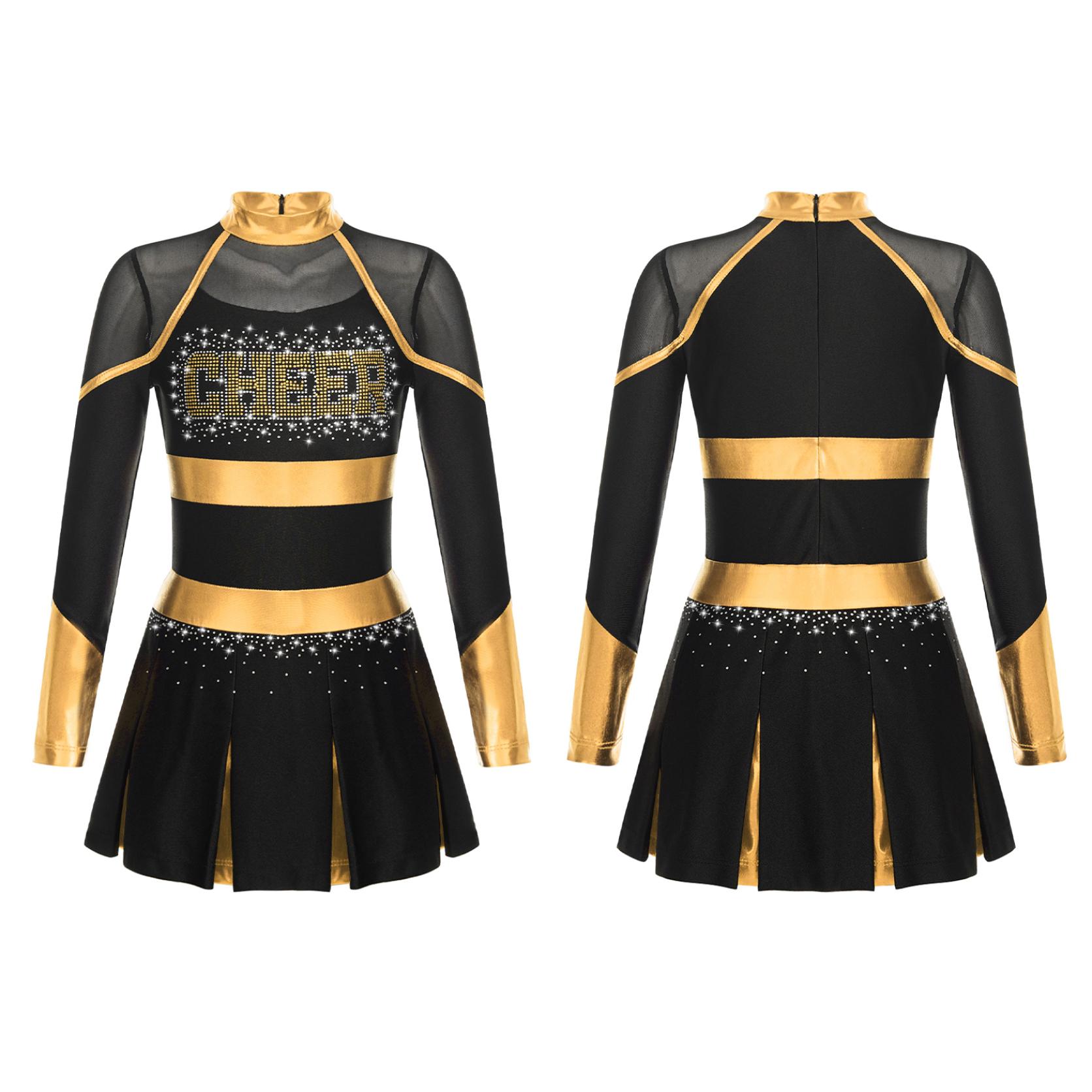 Mädchen Langarm Cheerleading Uniform Tanzkleid Karneval Dancewear Kinder Cheerleading Tanzkleid 5-6 Years gold/schwarz
