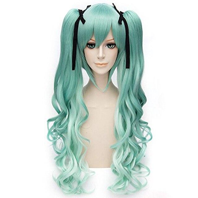 Frauen Anime Vocaloid Miku Natürliche Lange Körper Welle Grün Doppel Pferdeschwanz Synthetische Cosplay Perücken für Frauen Halloween Kostüm Party One Size hellgrüne