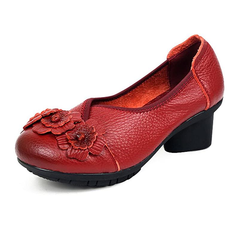 Handgemachte Damenschuhe aus echtem Leder mit niedrigen Absätzen, Damen-Runway-Schuhe, Damen-Blumen-Retro-Pumps, Größe 42, Damen, kleiner Druckabsatzschuh CN 36 wein rot