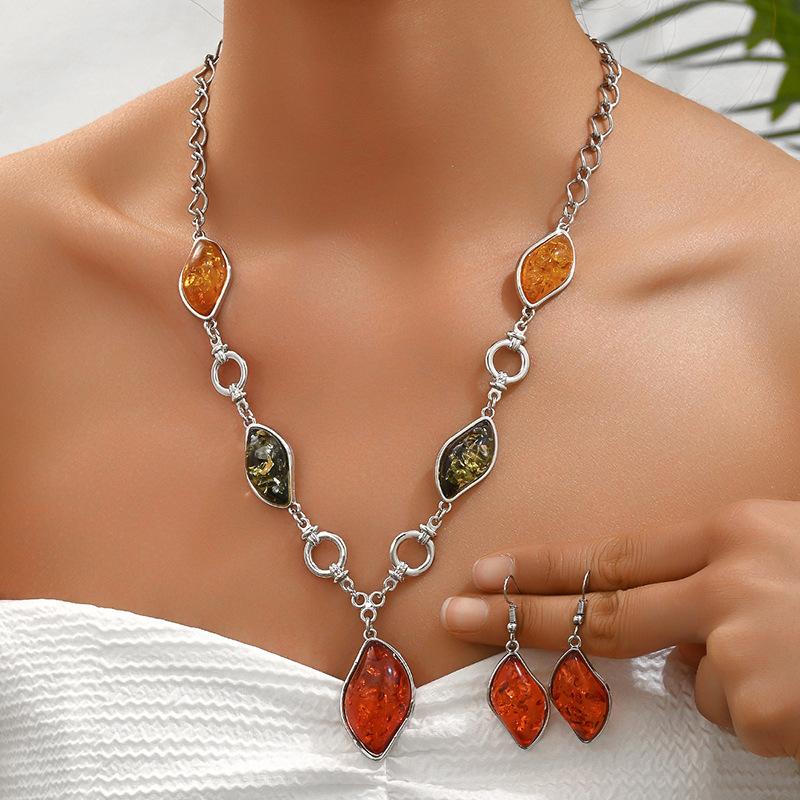 Frauen Schmuck Harz Stein Schmuck Vintage Geometrische Quadrat Wasser Tropfen Anhänger Halskette Ohrring Sets