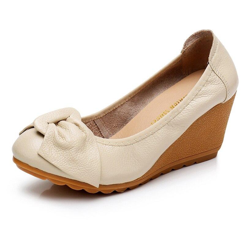 100% echtes Leder High Heels Frauen Keil Schuhe Casual Frau Schuhe Elegante Damen Keile Weiche Bequeme Weibliche Schuhe 37 beige