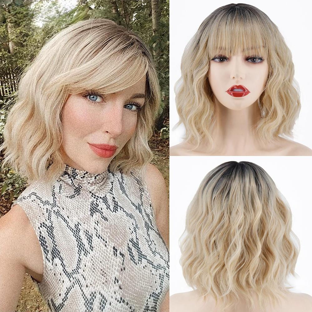 MERISIHAIR Kurze Platin-Bob-Synthetik-Perücken, blonde Ombre-Wellenperücke, dunkler Ansatz mit Pony, für Damen im Alltag CN