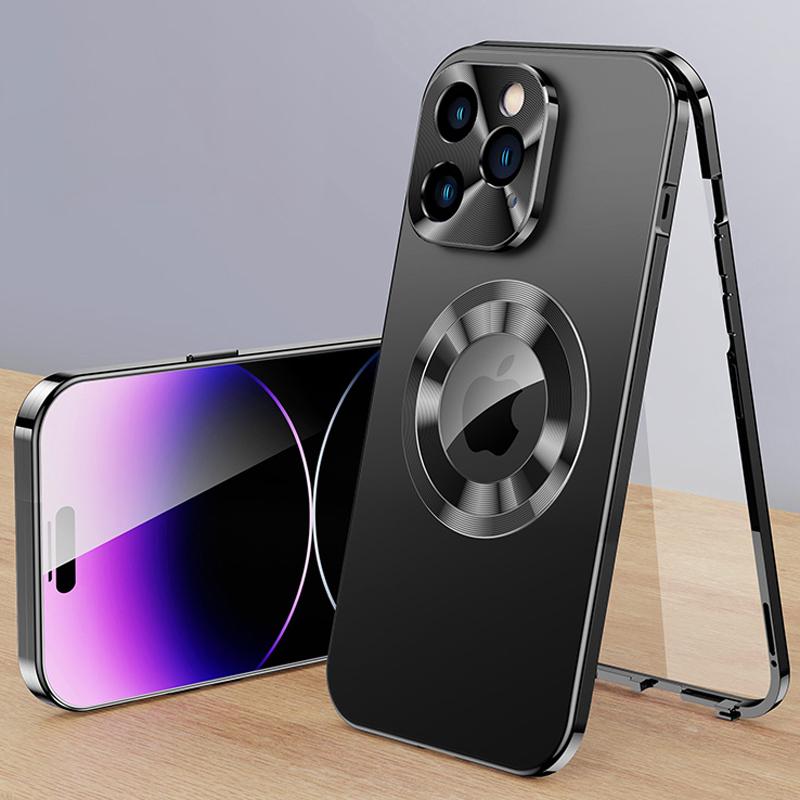 Luxuriöse magnetische Telefonhülle aus Aluminium von Aolly für iPhone 16 15 14 Plus 13 12 Pro Max. Vollständiger Linsenschutz. Metallabdeckung mit Logoloch für iPhone 15 14 Pro Max For iPhone 12 Pro Max schwarz