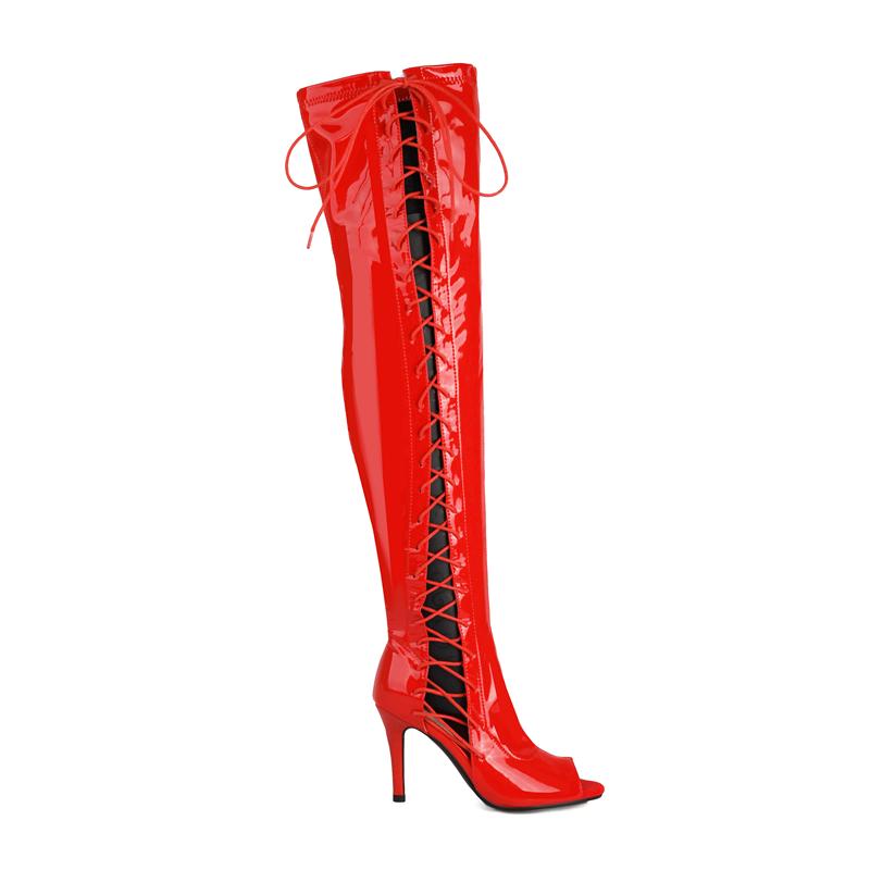Damen Overknee Oberschenkelhohe Stiefel Sexy Schnürung Lack Rot Nachtclub Tanz Fetisch Party Schuhe Dame Große Größe Neu 2024 Sommer 43 rot