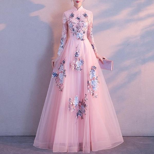 Traditionelles besticktes Blumen-Cheongsam, elegantes halbärmeliges chinesisches weibliches Abendkleid, Retro-orientalisches Brauthochzeits-Cheongsam L rosa
