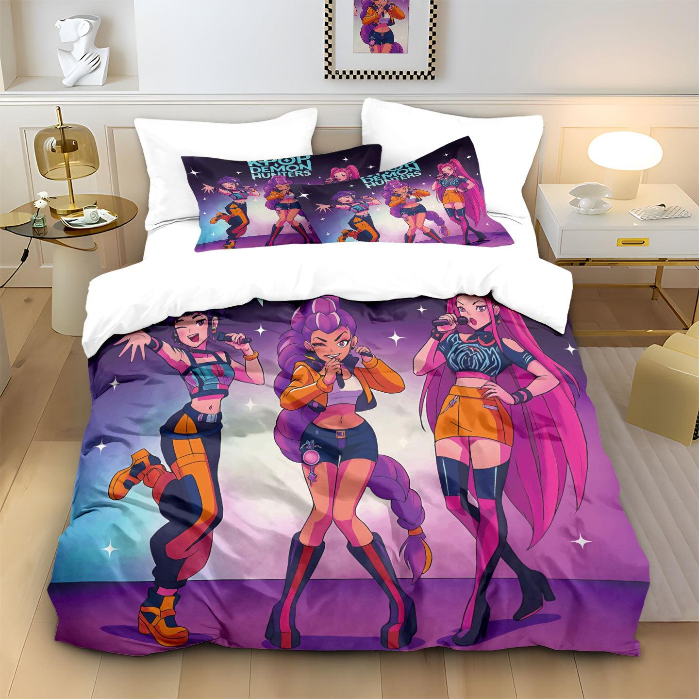 Filme kp-op Dämonenjäger Huntrix Bettwäsche-Set Anime Zoey Mira Bettbezug für Kinder Jugendliche Erwachsene Einzel Doppel King-Size US Twin(172*218cm)3pcs