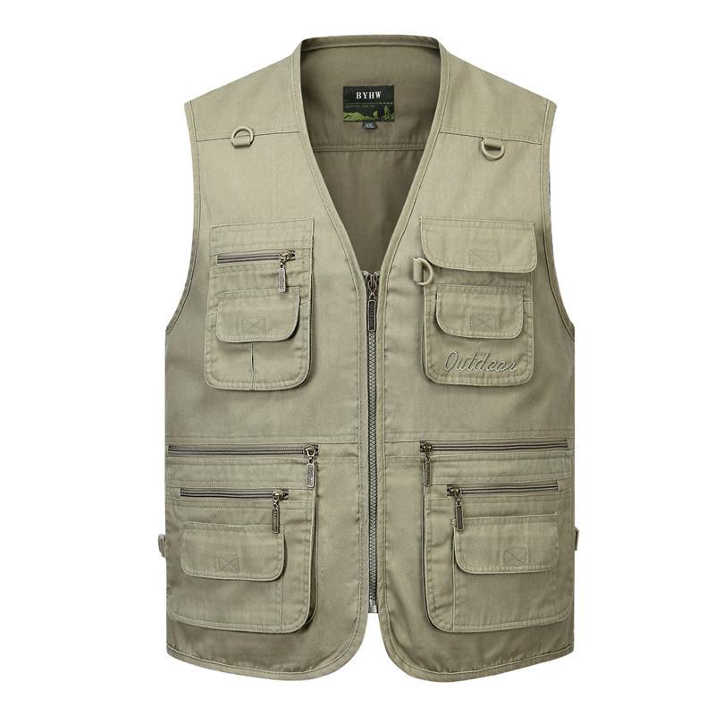 Herrenweste Freizeitjacke Frühling und Herbst Lockerer Stil Baumwolle Mehrere Taschen Reißverschluss Winddichte Jacke Kragenlose Ärmellose Jacke für Herren Größe L-10XL L khaki