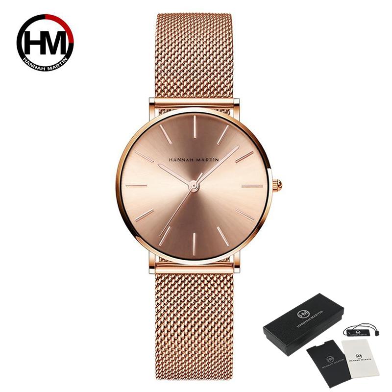 Hannah Martin 36 mm Zifferblatt, klassische Damen-Armbanduhr aus Roségold, Mesh, weiblich, Japan, Quarz, lässig, wasserdicht, Damenuhren, Quarz-Armbanduhren rose gold