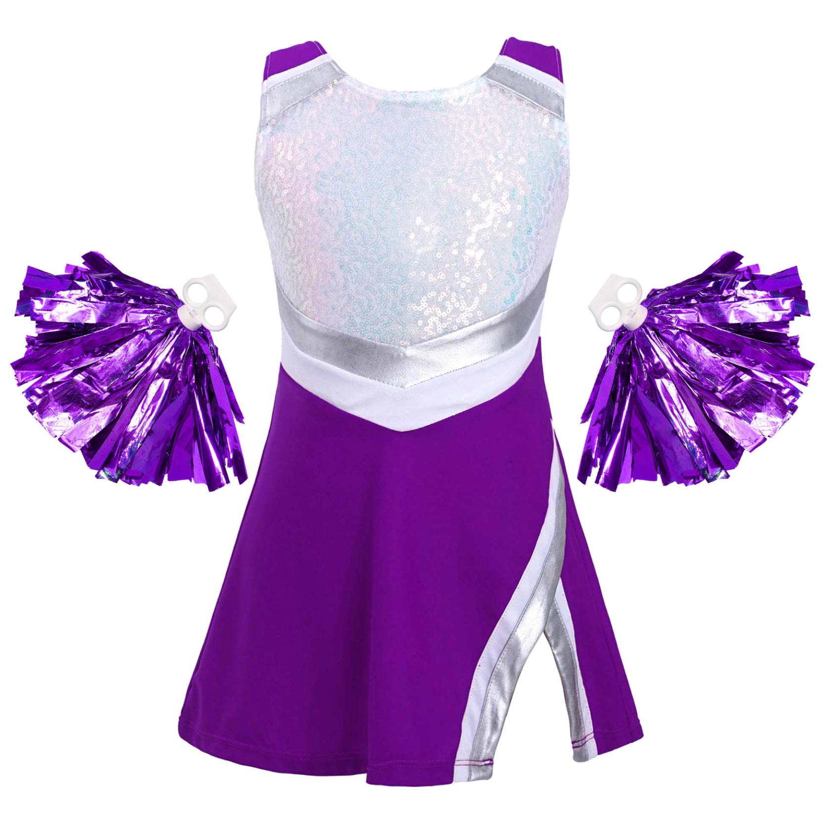 Kinder Mädchen Cheerleading Tanz-Outfit, ärmelloses, mit glänzenden Pailletten verziertes Kleid mit Shorts und Blumenbällen, Set für Halloween, Karneval, Party, Kostüm 3-4 Years violett