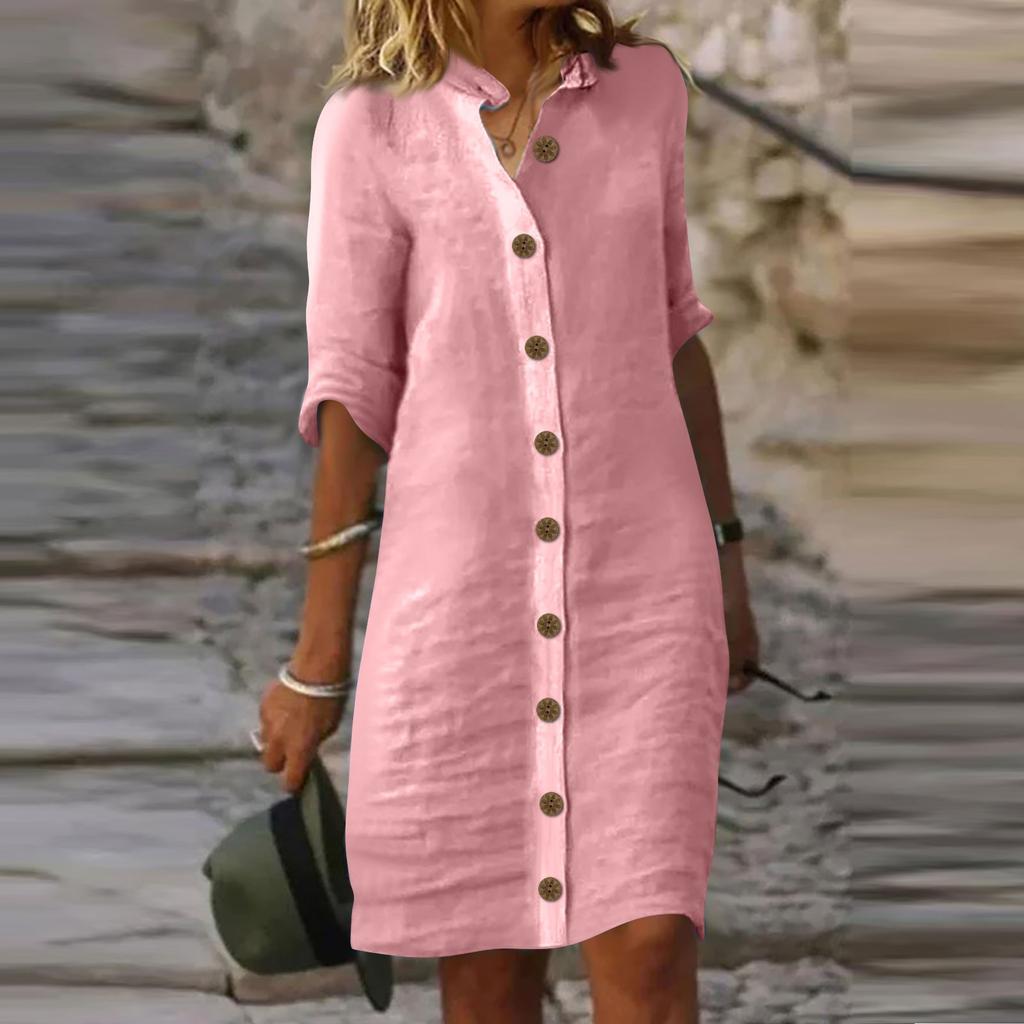 Sommer Baumwolle Leinen Hemd Kleid Frauen Taste Halbe Hülse Casual Mini Kleider Frauen Elegante Lose Strand Party Kleider Vestidos XXL rosa