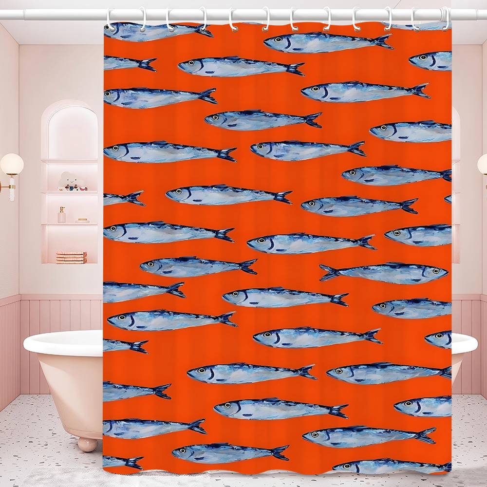 Bunte Sardine Hummer Fisch Ozean Badezimmervorhang Klassischer Anime Stoff Duschvorhang mit 12 Haken Wasserdichte Badezimmerdeko W90H200(CM)-1 Pcs