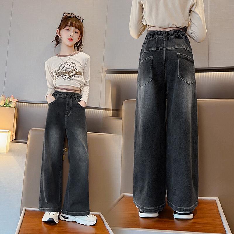 Herbst Frühling Mädchen Jeans Vintage Denim Breite Bein Hosen Kinder Kleidung Kinder Casual Feste Hosen für Teenager Kleidung 150cm schwarz
