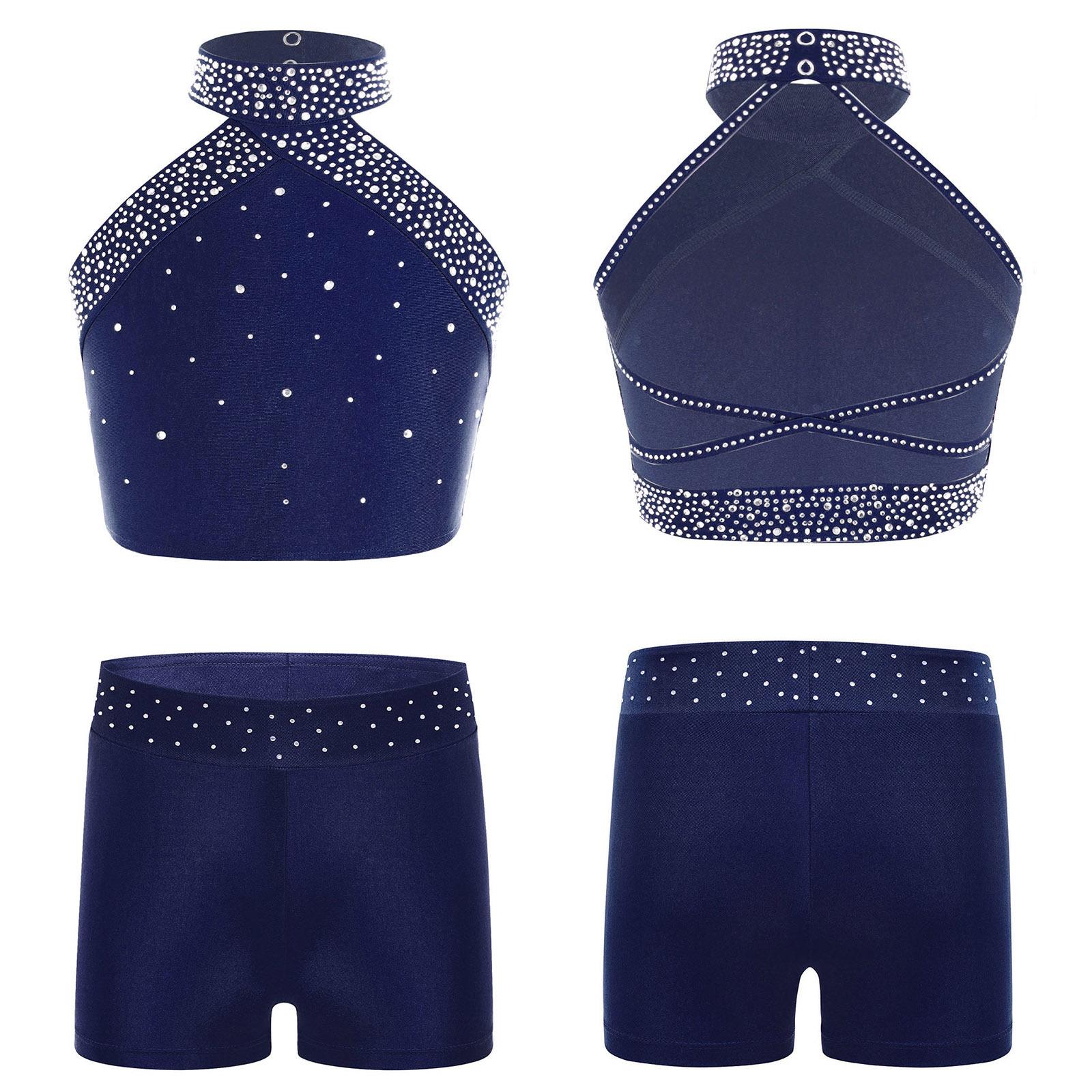 Mädchen Eiskunstlauf-Tanz-Outfits 2-teilig Gymnastik-Ballett-Tanz-Set Neckholder-Bauchweste mit Booty-Shorts Sportkleidung 9-10 Years navy blau