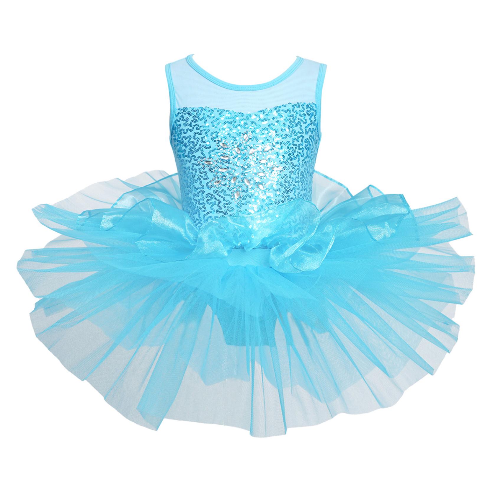 Kinder Mädchen Tanzkleid Ärmelloses Ballett-Trikot Tutu-Kleid Mesh-Splice-Kleid Gymnastik-Trikots 10-12 Years blau