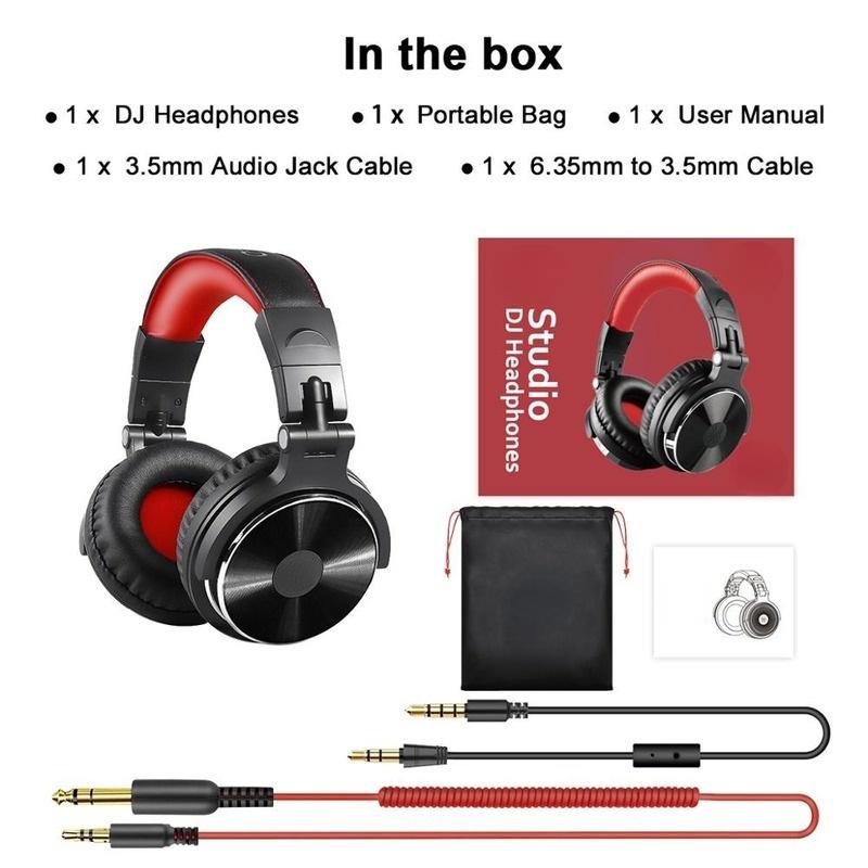 Kabelgebundene Studio-Kopfhörer, Stereo, professioneller DJ-Kopfhörer mit Mikrofon, Over-Ear-Monitor-Ohrhörer, Bass-Headsets rot