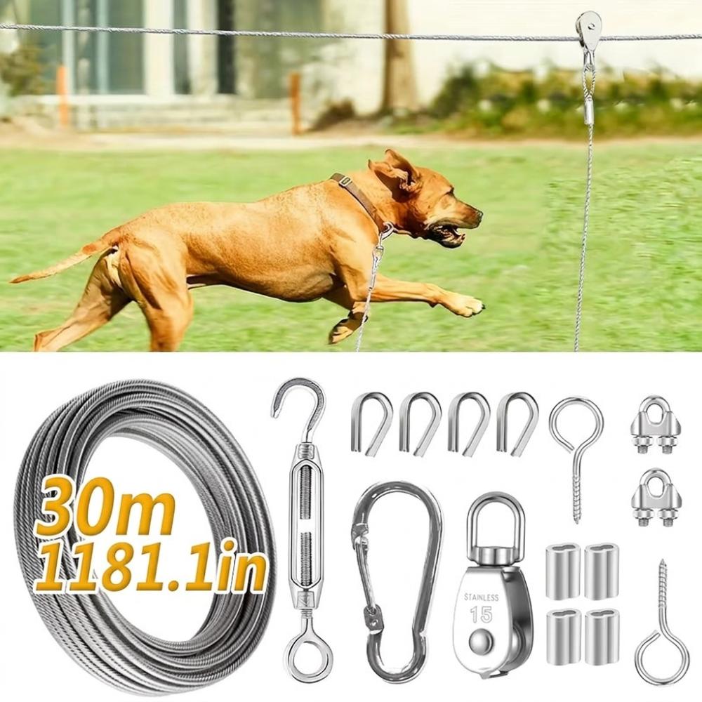 Metallverschluss Hundeläufer für den Hof Rostfrei Hundeleine Ausziehbar Drahtseil Große Hunde 30m/1181.10in beige