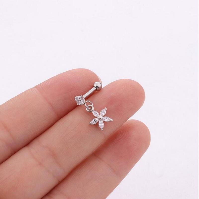Blumen Stern Kristall Anhänger Ohrstecker, Edelstahl Knorpel Helix Piercing Schmuck CZ 01 silber