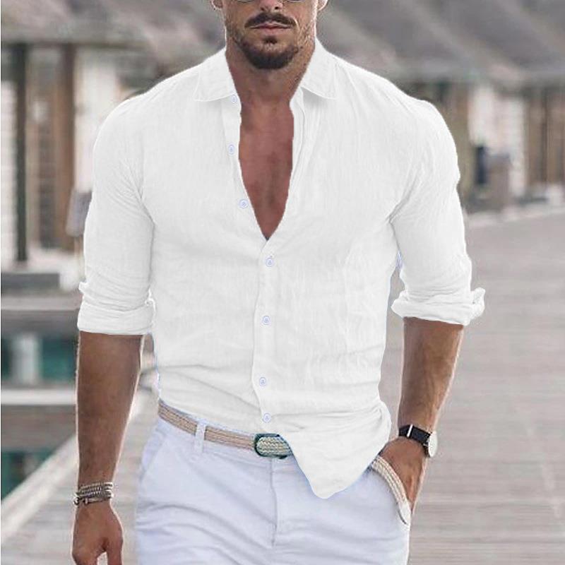 2024 neue männer Hemd Baumwolle leinen Mode Lässig Polo Neck Strand Hemd Langarm Solide Hawaiian Urlaub Shirts EU L weiß