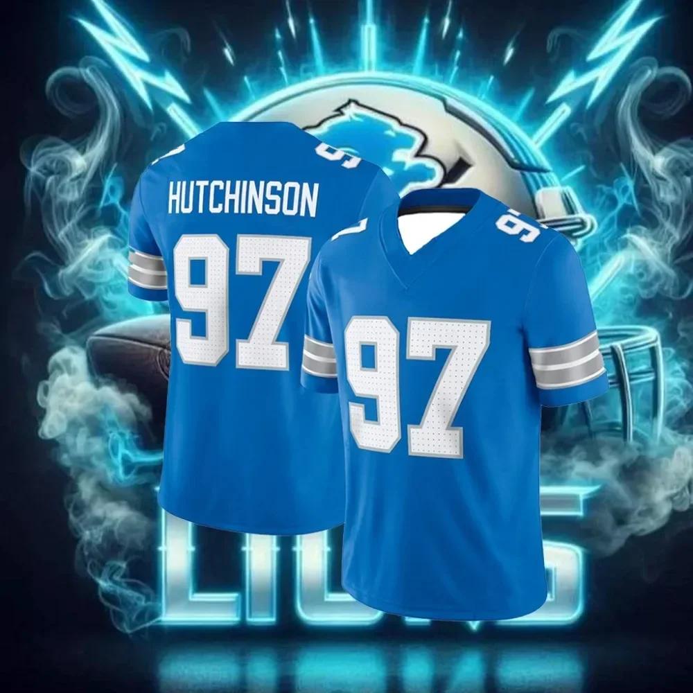 2025 Neues Herren-T-Shirt American Football Trikot T-Shirt 3D-Druck T-Shirt Löwe Nein. 97 Fußballtrikot Sport T-Shirt L