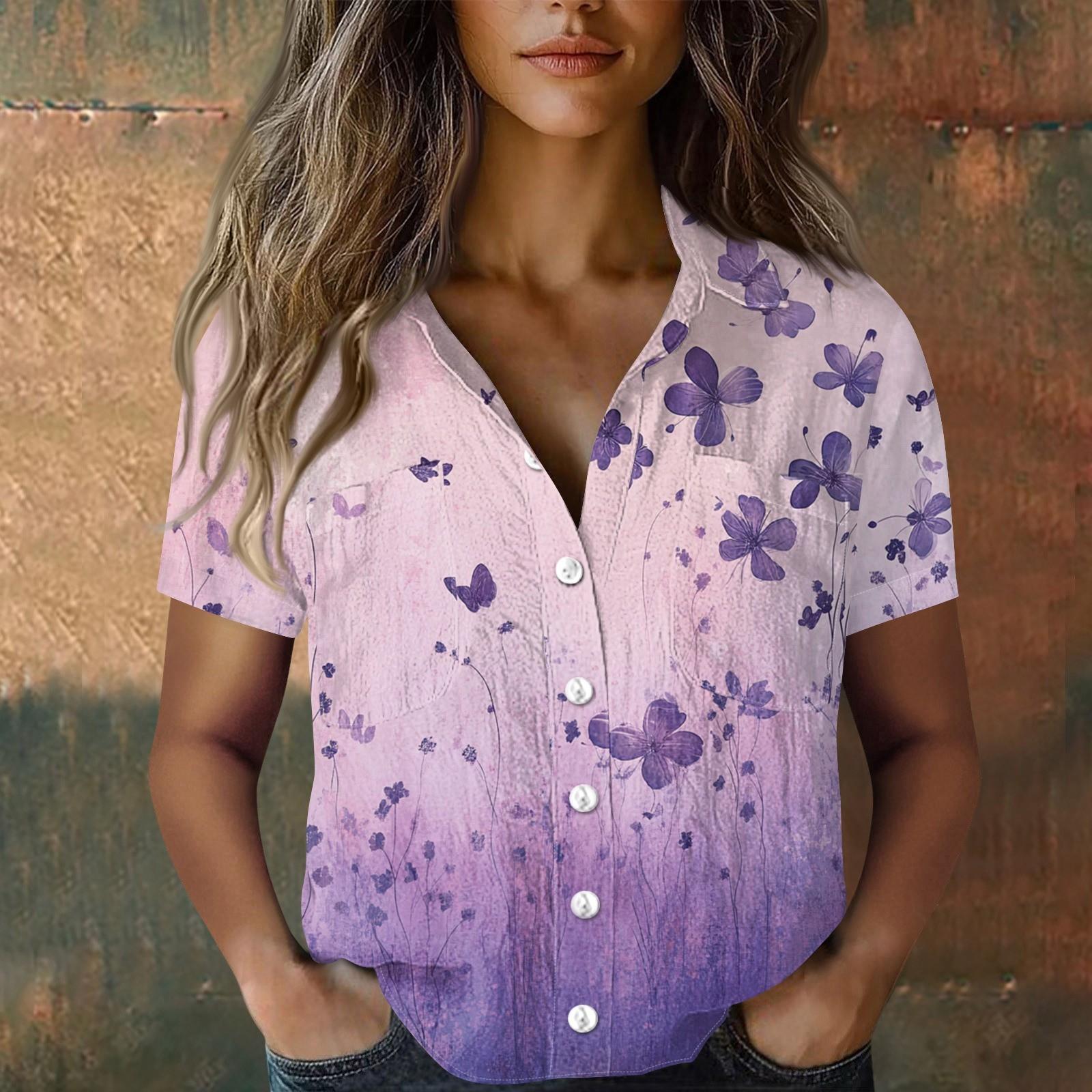 Damen Blusen & Hemden, Baumwolle, Leinen, kurzärmelig, lockere Boho-T-Shirts, Vintage-Blusen M violett