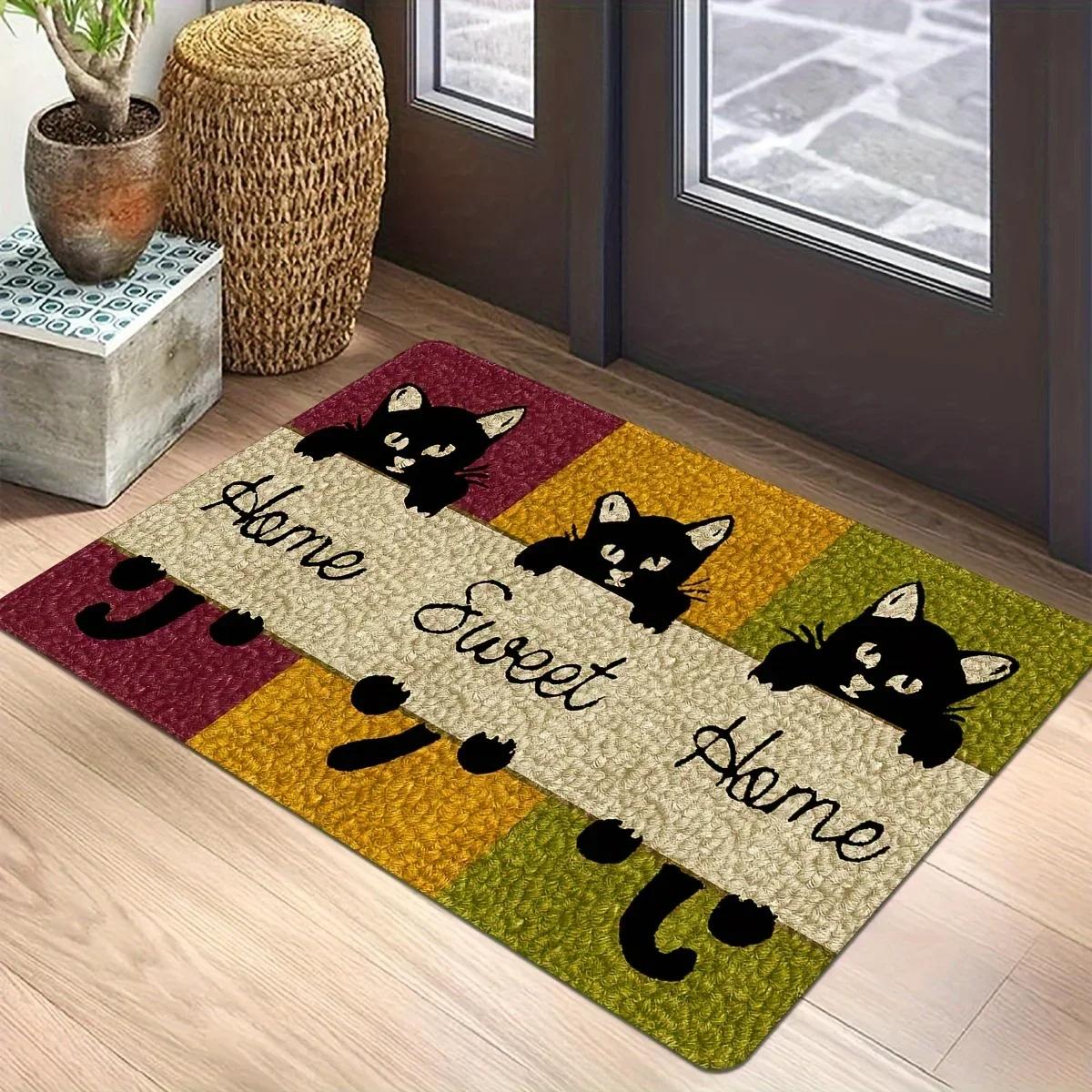 Katzen Süßes Zuhause Muster Matte Willkommen Bodendekor Teppich Rutschfest Leicht zu Reinigen Bereichsteppich Wohnzimmer Haushalt Waschbare Fußmatten 40X60cm