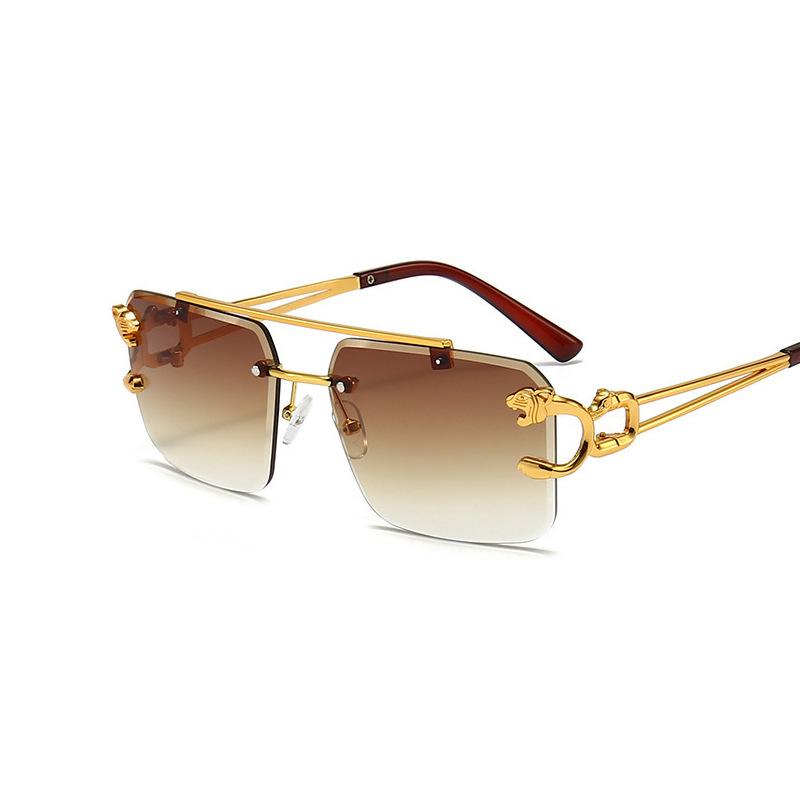 Vintage randlose Metall-Sonnenbrille für Herren und Damen, modisch, übergroß, quadratisch, mit Leopardenmuster, randlose Brille, Doppelbrücke, Farbverlauf, Ozean-Sonnenbrille