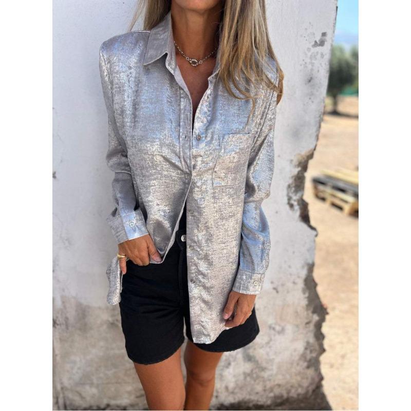 Damen Blusen Mode Einfarbig Langarm Casual Samt Kragen Hemd Top Herbst Blusen & Hemden L silber