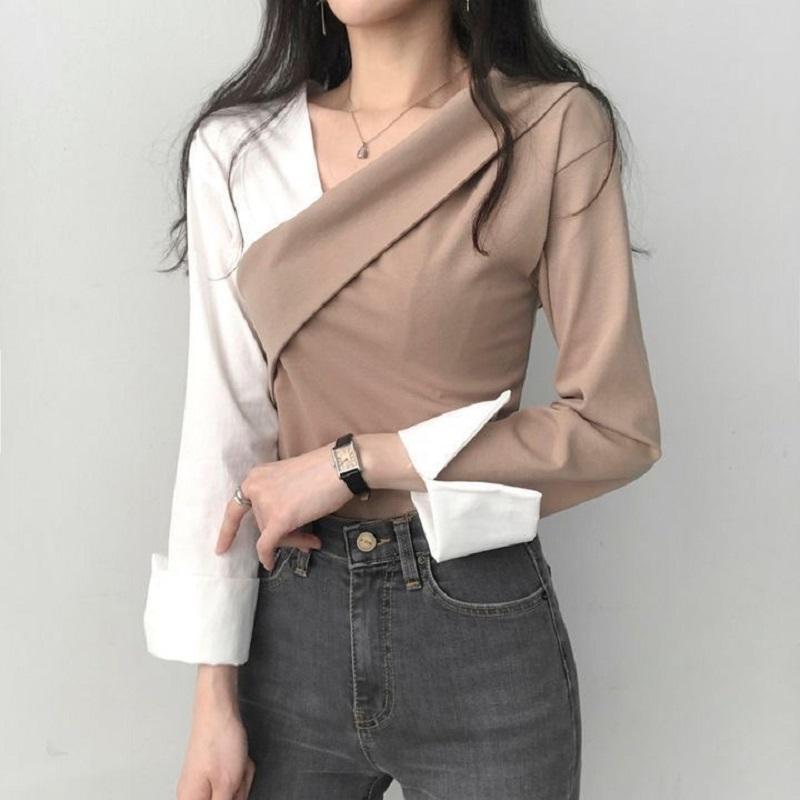 Herbst Frauen Shirts Langarm Vintage Kontrast Patchwork Shirts Frauen Mode Streetwear V Ausschnitt Damen Tops Kleidung L gold