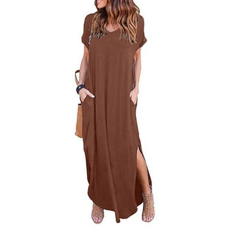 Plus Größe 5XL Sexy Frauen Kleid Sommer 2022 Feste Beiläufige Kurzarm Maxi Kleid Für Frauen Lange DressLady Kleider S rotbraun