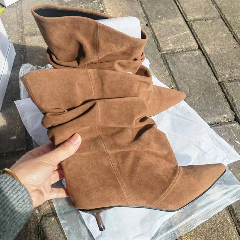 Winter Spitze Zehen Knöchelhohe Stiefel Damen Plissierte Kurze Stiefel Elegante Designer Knöchelhohe Stiefel für Damen Größe 35-42 35 braun