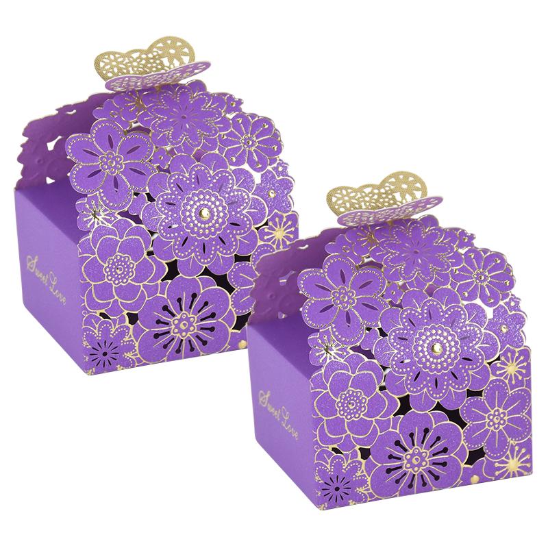 50 stücke Hohl Schmetterling Blume Candy Box Hochzeit Party Geschenk Box Bunte Blume Schmetterling Souvenir Hochzeit Versorgung violett