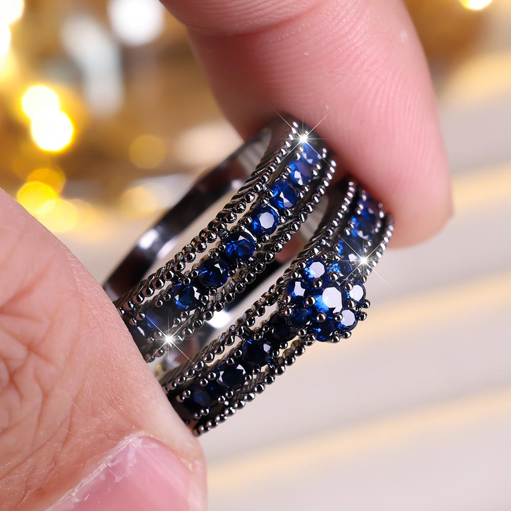 Modisches 2-teiliges Set mit blumenförmigen Zirkonia-Ringen für Frauen, luxuriöse, elegante Verlobungsringe, Party-Schmuckgeschenke 11 blau/schwarz