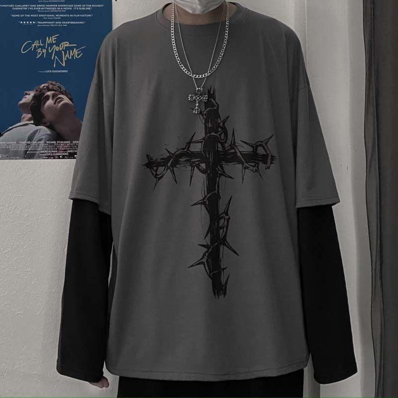 Gothic Goth Style T-Shirt Mall Goth Tops Punk Langarm Übergroßes T-Shirt Japanische Streetwear Mode Koreanischer Stil L dunkelgraue