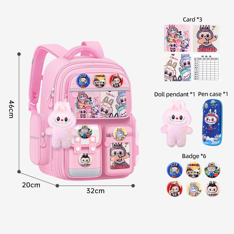 Neuer Cartoon LABUBU Schulranzen Leicht Gewichtsreduziert Rückenschutz und Großvolumig Kinder Schulranzen Rucksack für Klassen 1-6 rosa