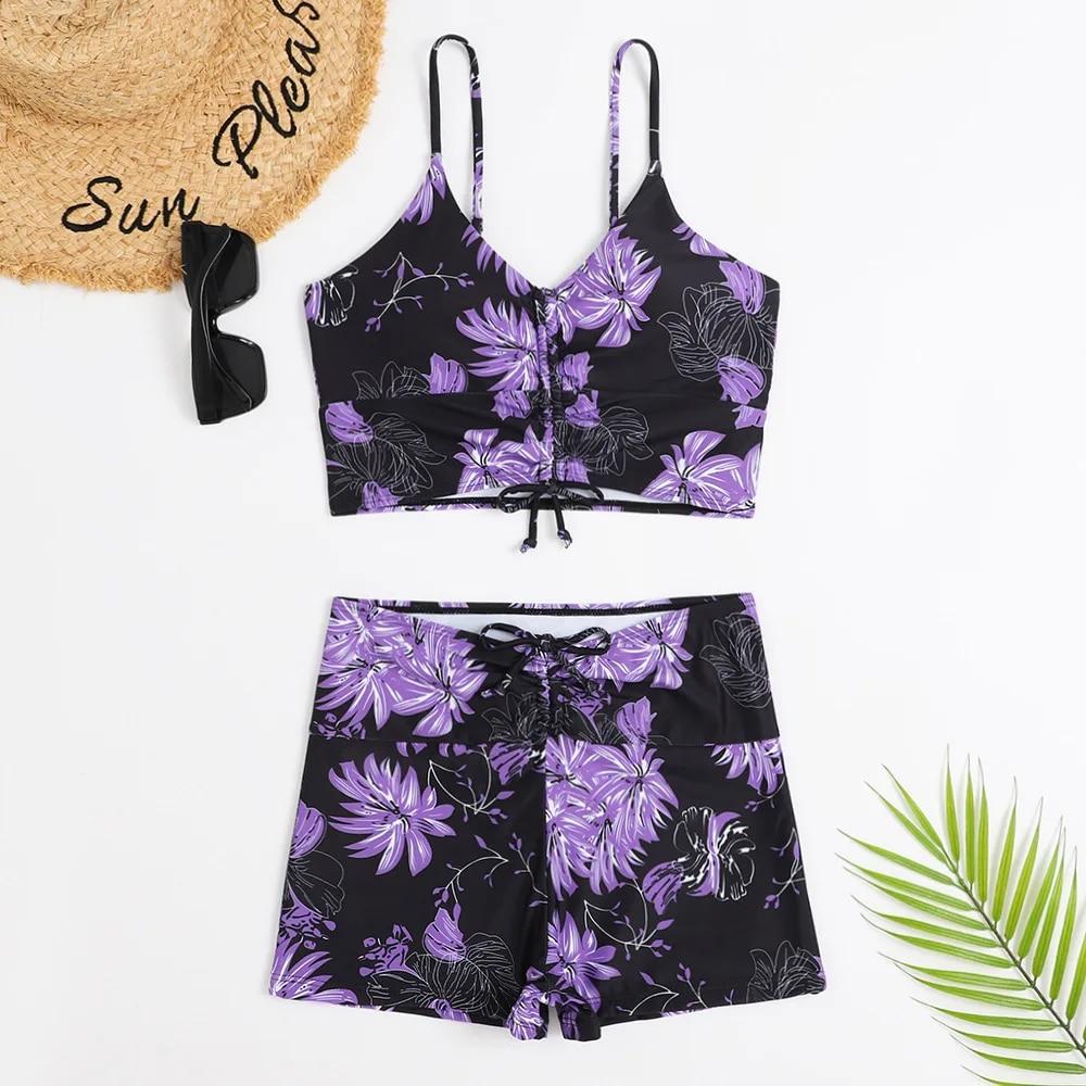 Hohe Taille Bikini Badeanzug Frauen 2024 Push-Up Bikini Floral Badeanzug Druck Bikini boxer Bademode Badehose Badeanzug M violett