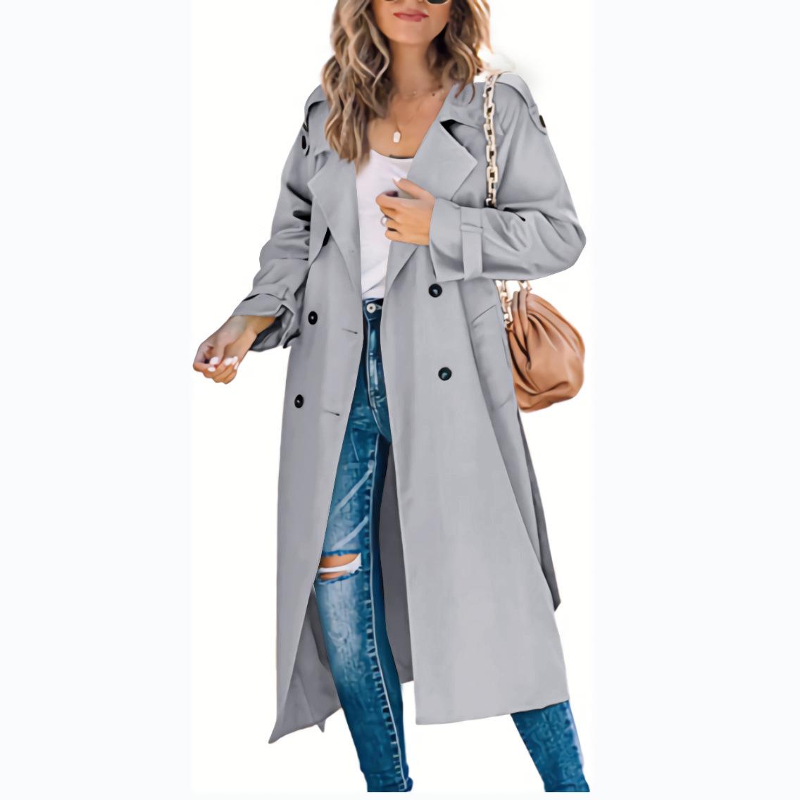 Damen Vintage Langer Trenchcoat Klassischer Zweireihiger Revers Langarm Winddichter Mantel mit Gürtel Elegante Jacken Streetwear L licht grau