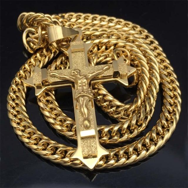 Gold Kreuz Anhänger Halskette Edelstahl Link Rolo Kette Heavy Duty Herren Schmuck Geschenk 21,65  7mm 60cm