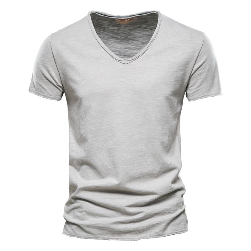 AIOPESON Sommer 100% Baumwolle Elastizität T Shirt Männer Casual Weiche Fitness Shirt Männer T Shirt Tops T Shirts V-ausschnitt kurzarm T-shirt Männer L grau