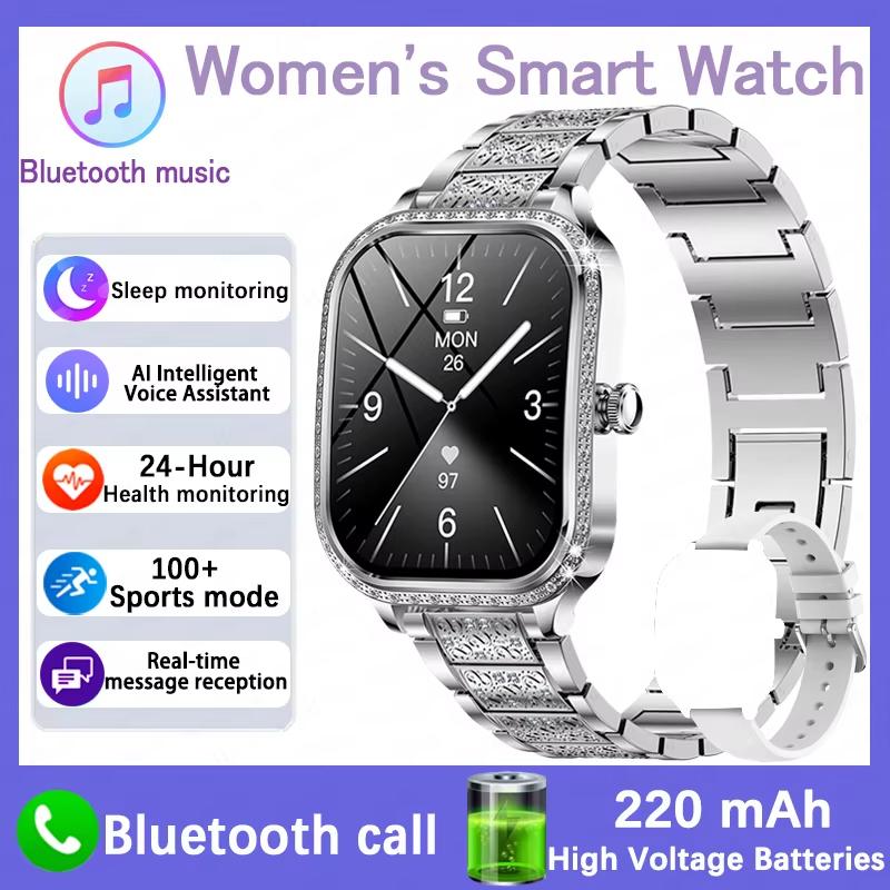 2025 Neue Smartwatch Damen 1,75 HD-Display Herzfrequenz IP68 Wasserdicht Sport Fitness BT Anruf Smartwatch für Dame Geschenk steel Belt silber