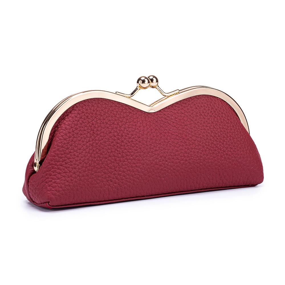 Echtes Leder Brillenetui für Damen Münzbörse Einfache Sonnenbrillen-Aufbewahrungstasche Tragbares Augenbrauenstift-Kosmetik-Organizer-Etui dunkelrote