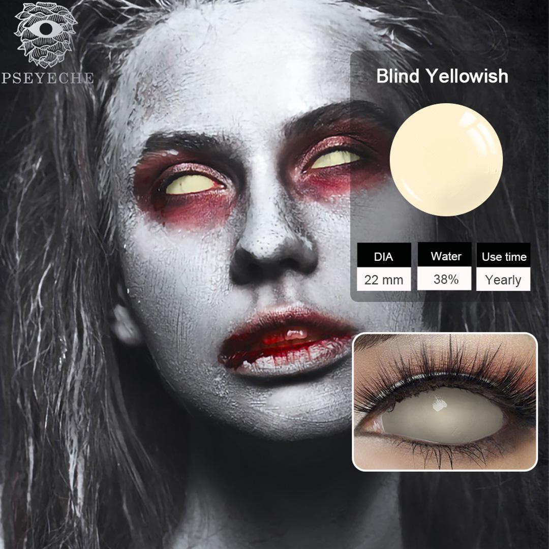22MM blinde weiße Sclera-Kontaktlinsen, verrückte gelbliche Halloween-Kontaktlinsen, ganz weiße Mesh-Cosplay-Augenkontakte, volles Auge 22MM gelb