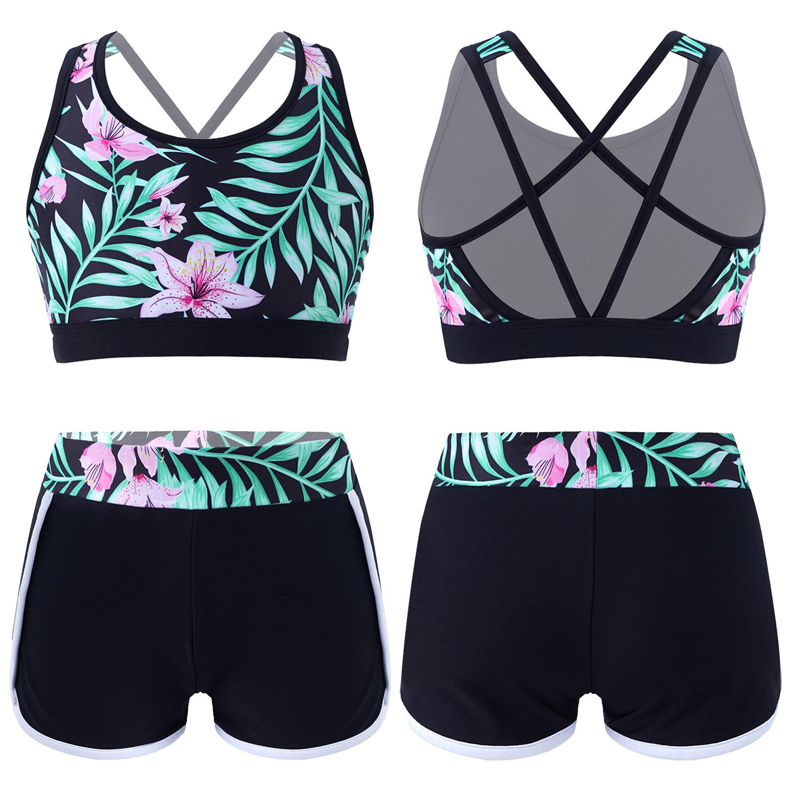 2-teiliges Badeanzug-Outfit für Kinder, Mädchen, bedruckt, U-Ausschnitt, Riemchenrücken, bauchfreies Top mit Boyshorts, Shorts und Unterteil, Badeanzug für Strand, Pool, Schwimmen 7-8 Years grün/schwarz