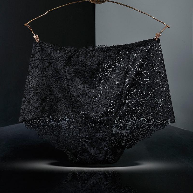 Große Größen Sexy Spitzenhöschen für Damen, hohe Taille, hohl, transparenter Baumwoll-Schrittslip, geeignet für dicke Mädchen XL schwarz