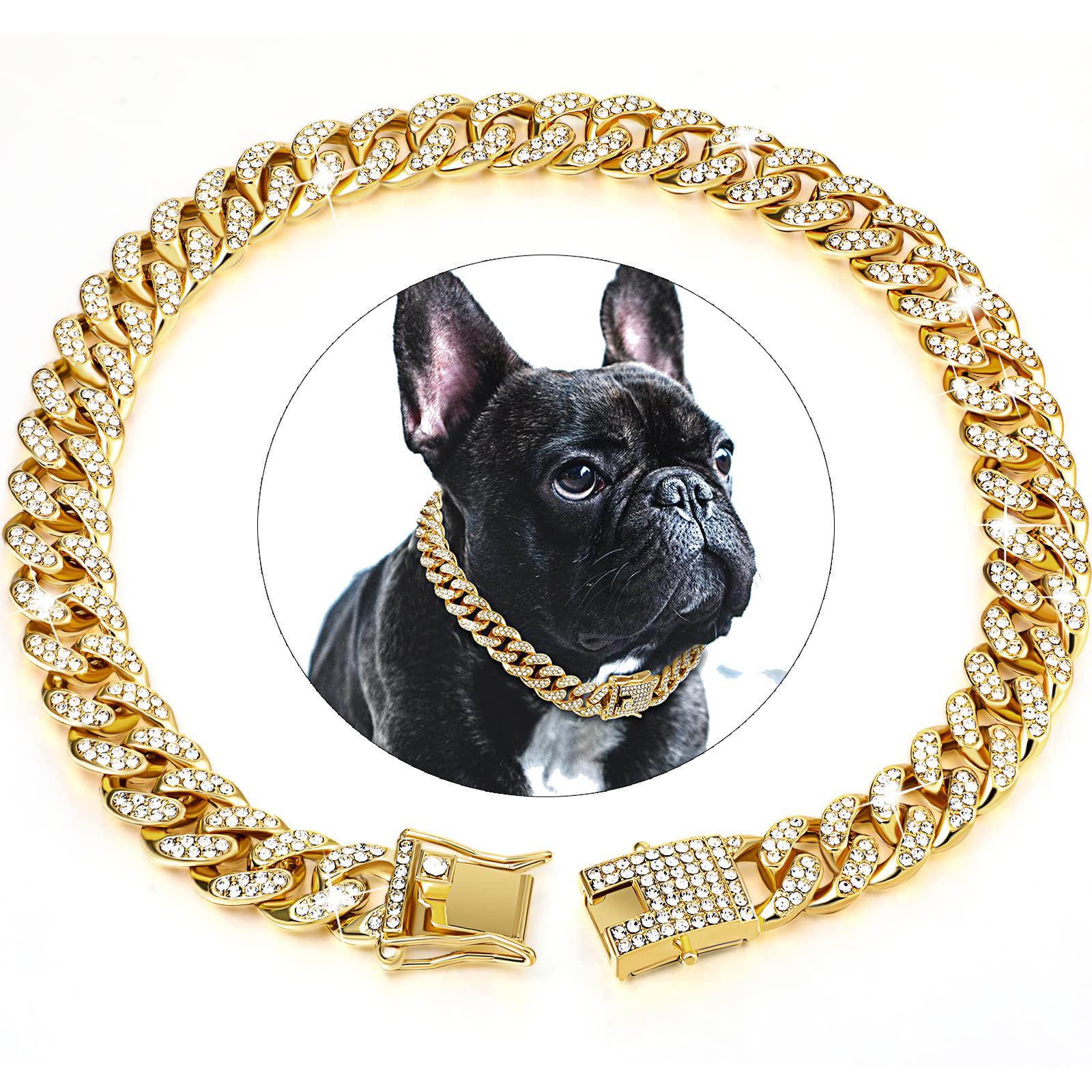 Diamant Hundekette Halsband Kubanische Goldketten für Hunde und Katzen 15MM Bling Schmuck Luxus Halskette 24inch(60cm)