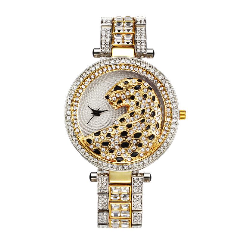 Miss Fox Leopard Diamantbesetzter Stahlgürtel, personalisierte modische Damenuhr, wasserdichte High-End-Quarzuhr beige