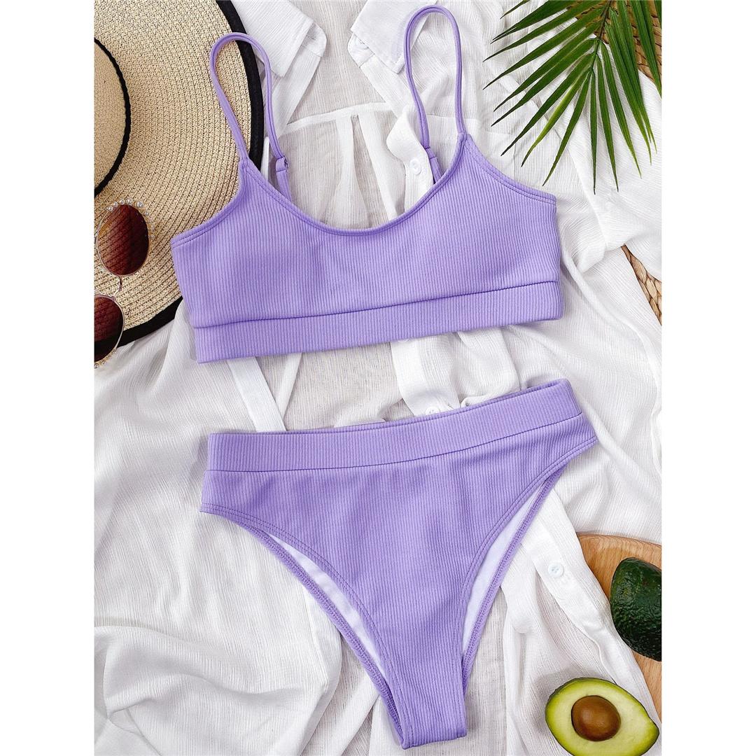 9 farben Gerippt Gepolstert Weiblichen Badeanzug Hohe Taille Bikini Frauen Bademode Zwei-stück Bikini set Badende Badeanzug schwimmen S violett