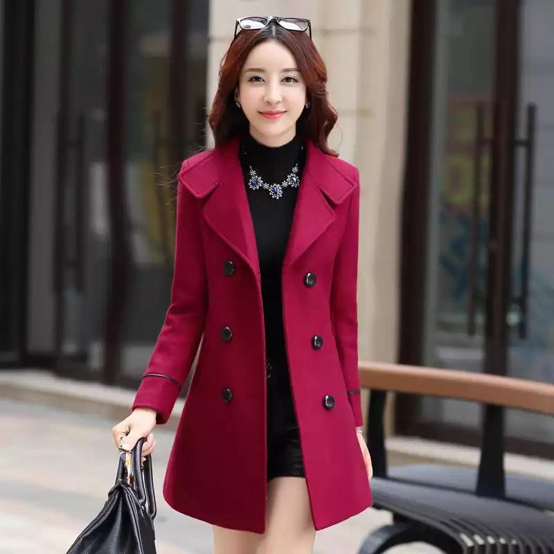 Mode Herbst Winter Frauen Woolen Mäntel Weibliche Mäntel Elegante Woolen Blends Graben Mantel Damen Windjacke Outwear Plus Größe M wein rot
