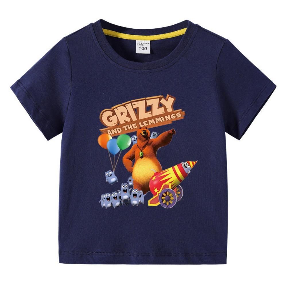 Kinderkleidung Grizzy und die Lemminge Grafik T-Shirt mit kurzen Ärmeln Jungen Rundhals-T-Shirt Neue Modekleidung 120 black